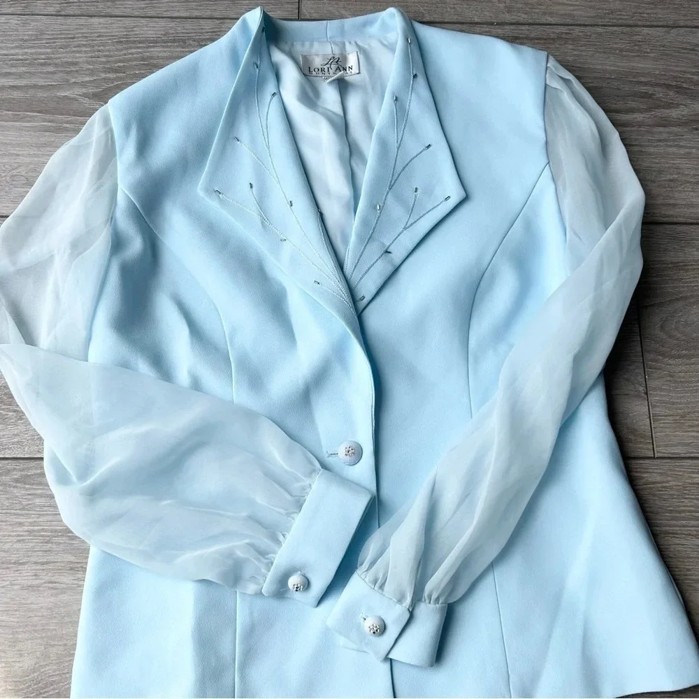 Vintage Lori Ann Blue Sequins Collar Mesh Sleeve Blazer Made in Canada